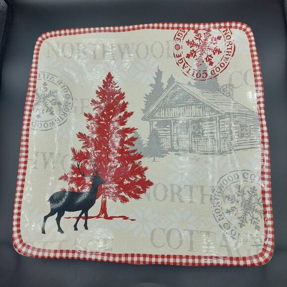 222 Fifth Northwood Cottage Large 10.5" Dinner Plate Winter Christmas Cabin Deer - Picture 1 of 4